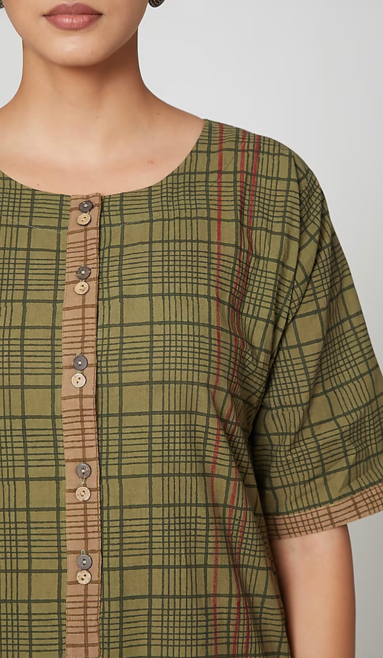 Olive Checkered Kurta Set [set of 2]