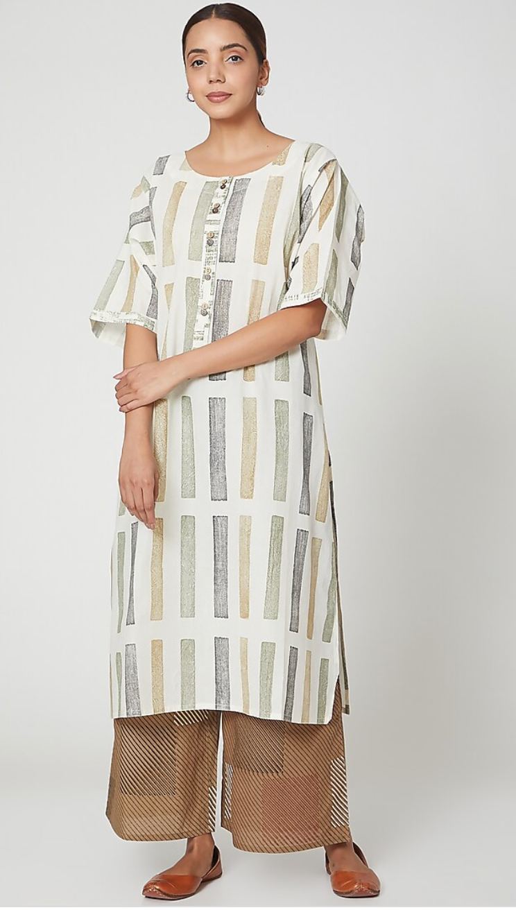 White Hand Block Printed Kurta Set [set of 2]