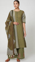 Olive Green Striped Kurta Set (Set of 3) - BANANA labs
