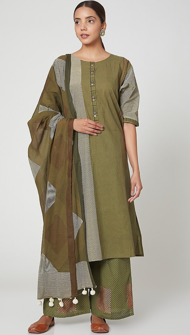 Olive Green Striped Kurta Set (Set of 3)