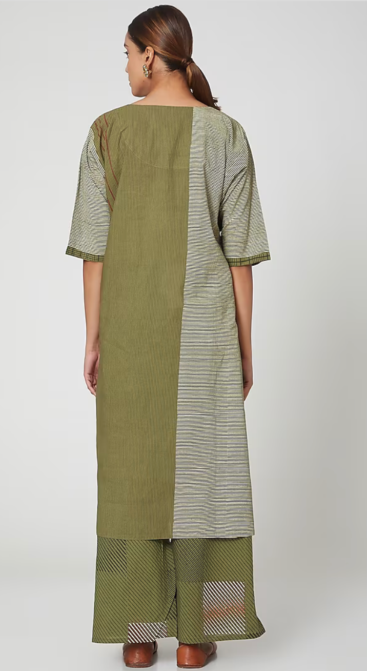 Olive Green Striped Kurta Set (Set of 3)