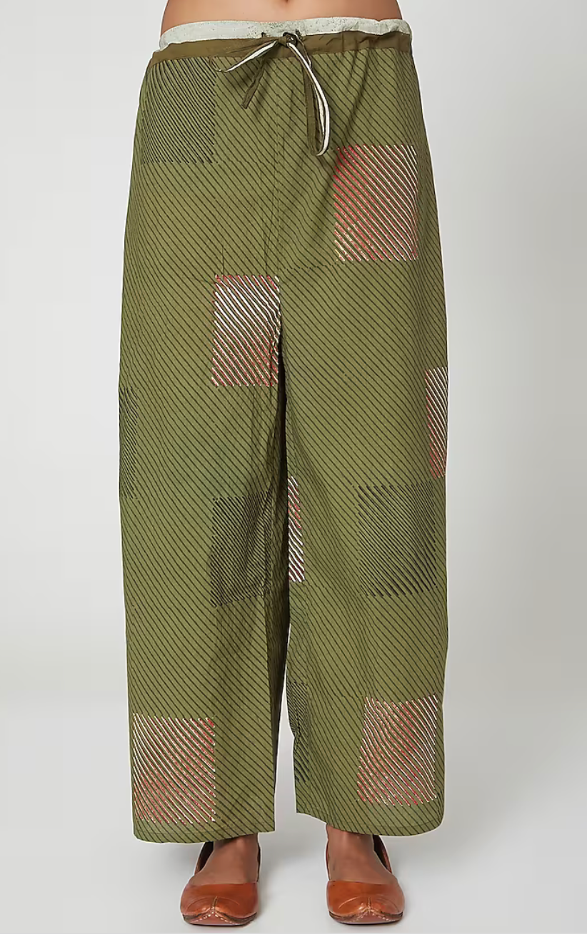 Olive Green Striped Kurta Set (Set of 3)