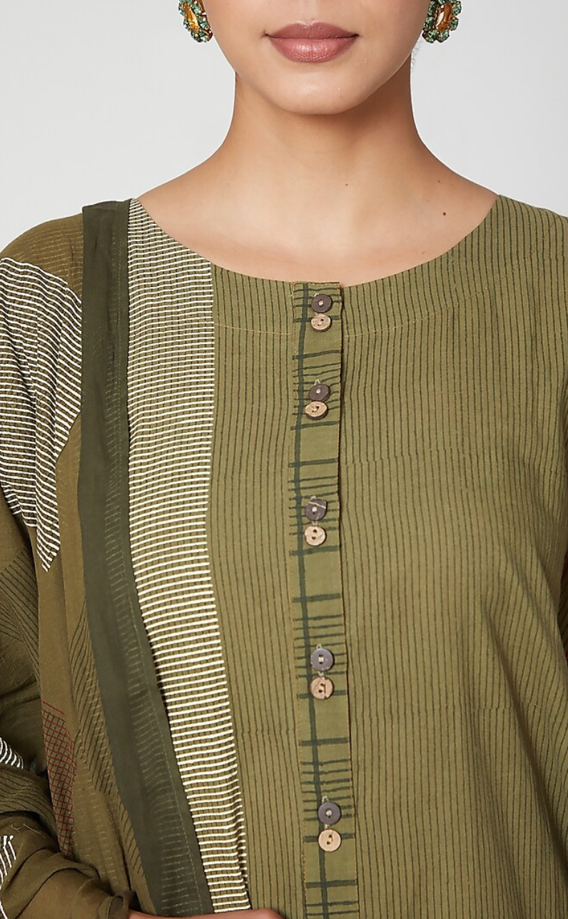 Olive Green Striped Kurta Set (Set of 3)