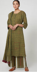 Olive Green Geometric Printed Cotton Kurta Set(Set of 3) - BANANA labs
