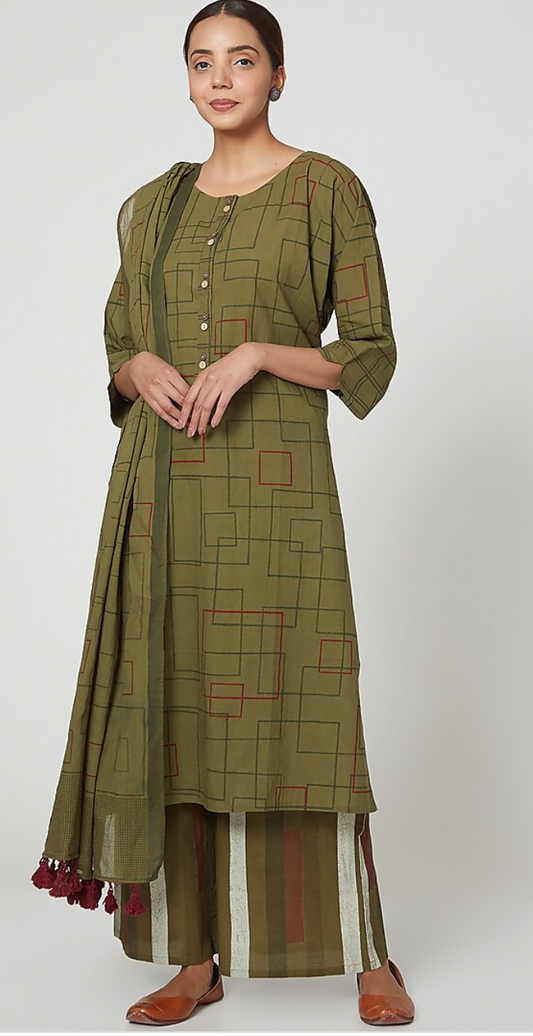 Olive Green Geometric Printed Cotton Kurta Set(Set of 3)