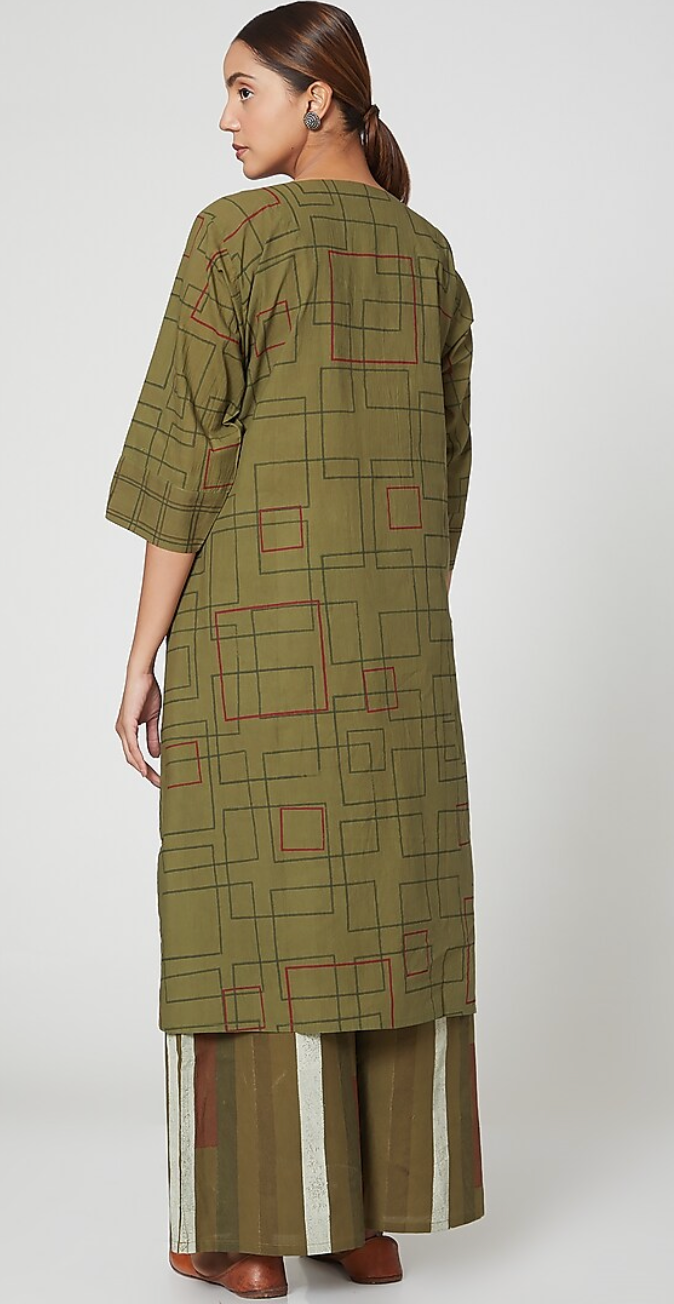 Olive Green Geometric Printed Cotton Kurta Set(Set of 3)