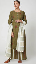 Green Block Printed Cotton Kurta Set(Set of 3) - BANANA labs