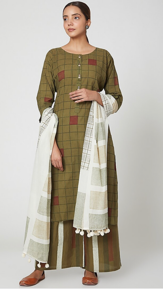 Green Block Printed Cotton Kurta Set(Set of 3)