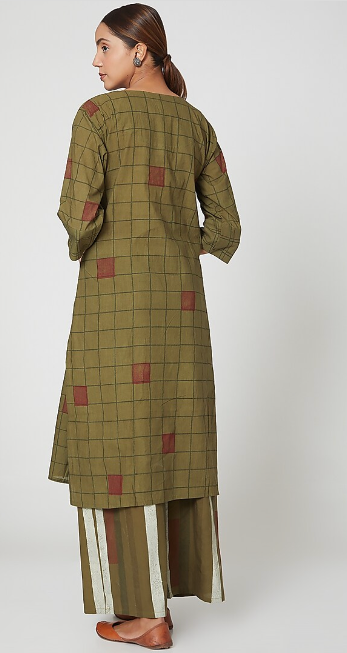 Green Block Printed Cotton Kurta Set(Set of 3)