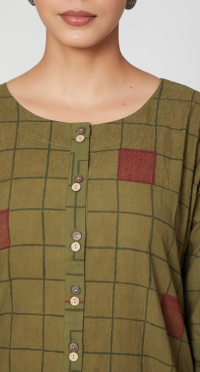 Green Block Printed Cotton Kurta Set(Set of 3)