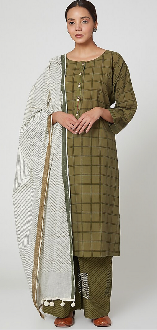 Olive Hand block printed kurta set (Set of 3)