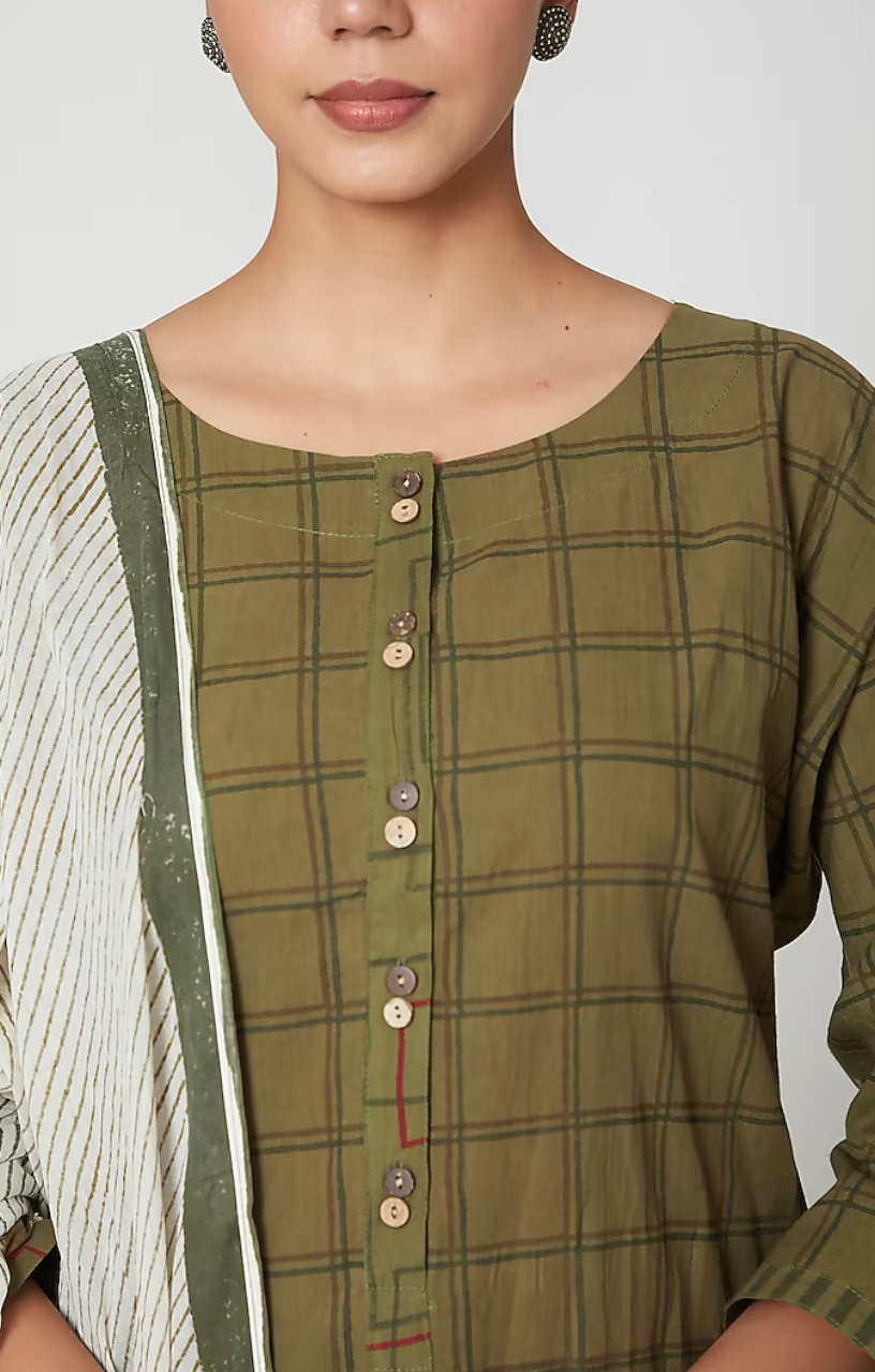 Olive Hand block printed kurta set (Set of 3)