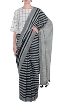Monochrome Black Geometric Block Printed Saree - BANANA labs