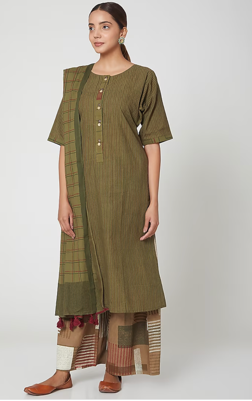 Stripy Olive Green Kurta Set(Set of 3)