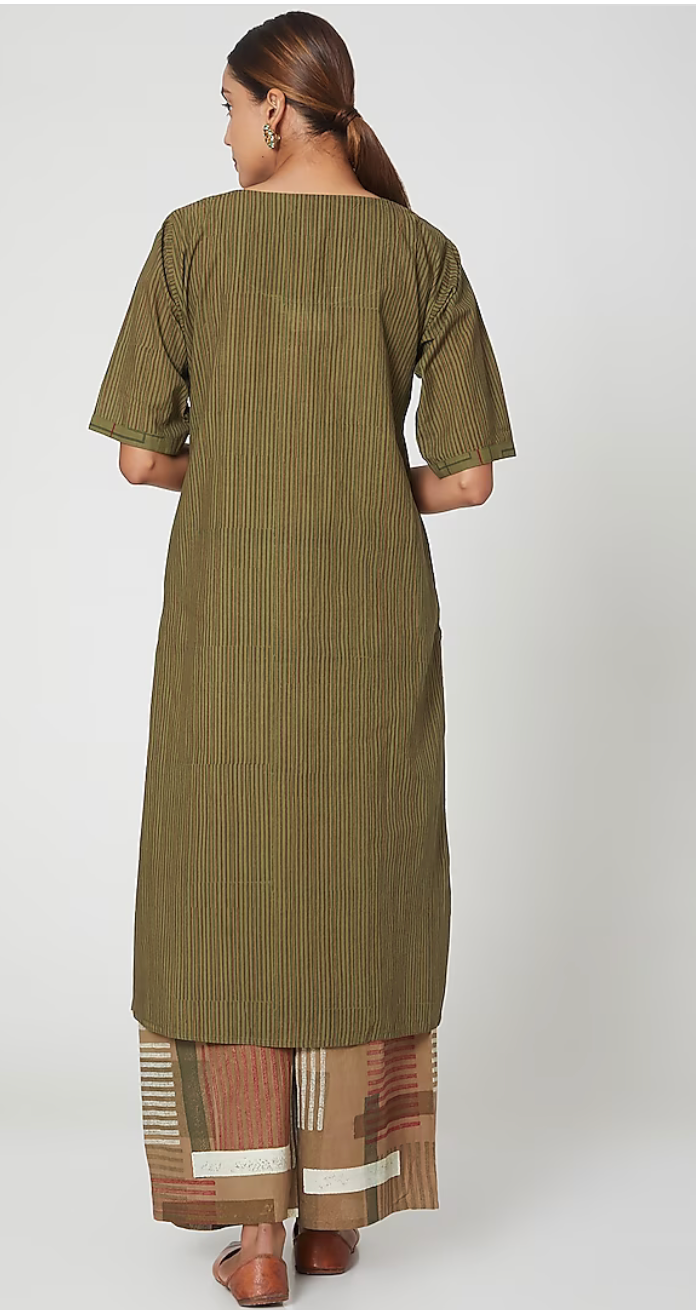 Stripy Olive Green Kurta Set(Set of 3)