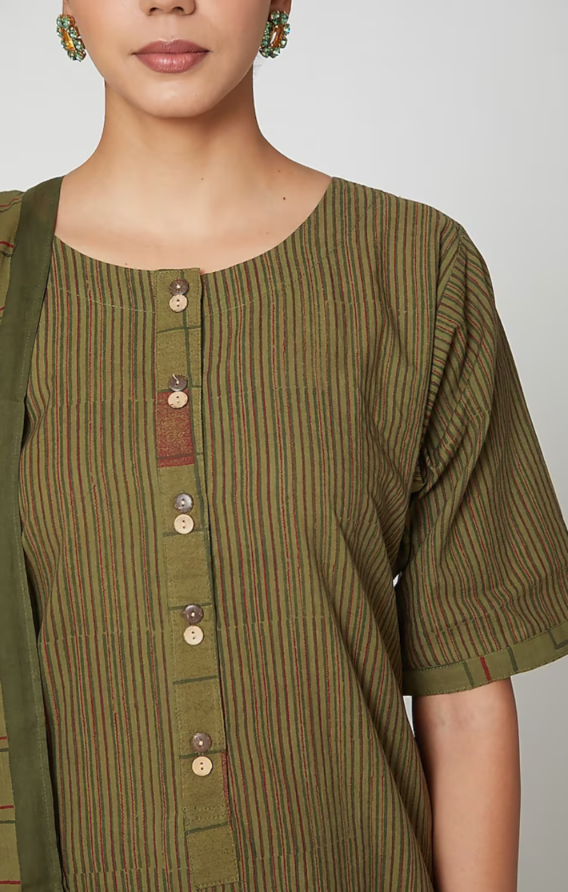 Stripy Olive Green Kurta Set(Set of 3)