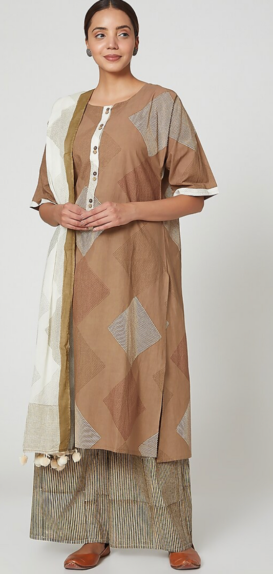 Brown Box Print Kurta set(Set of 3)