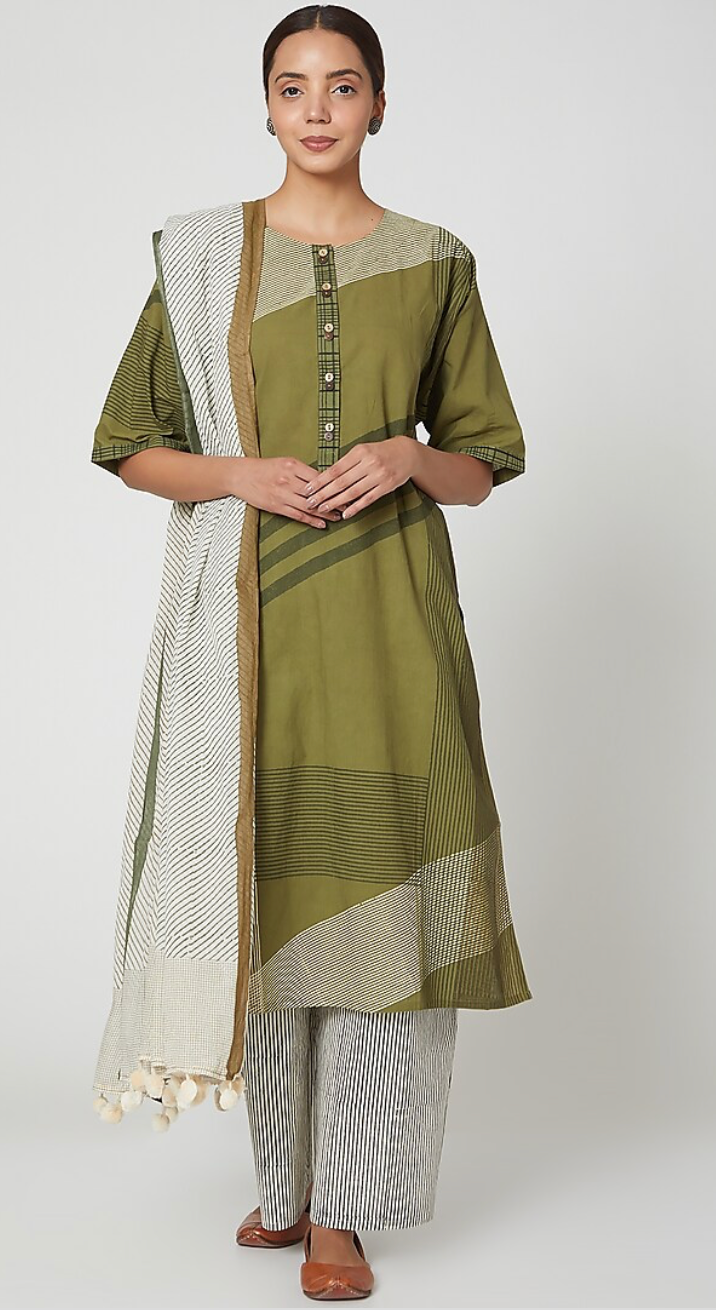 Green Geometric Delight Kurta Set(Set of 3)