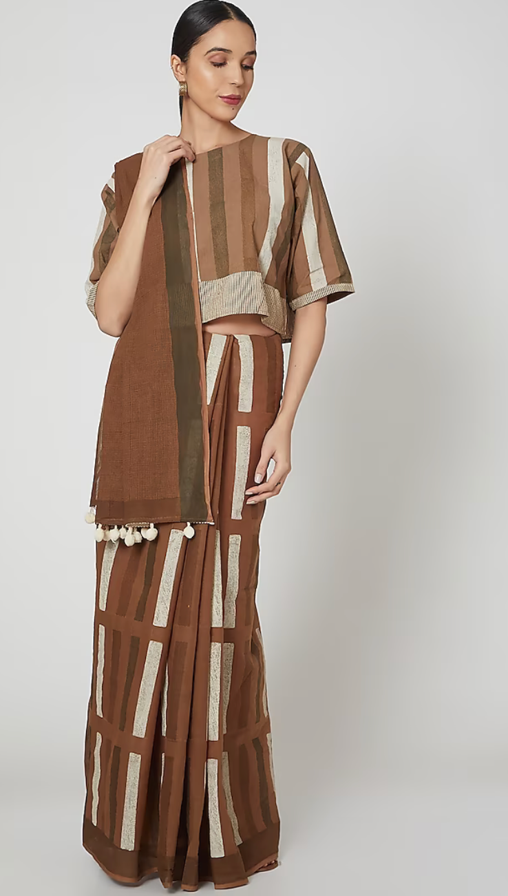 Brown Block Printed Saree With Crop Top