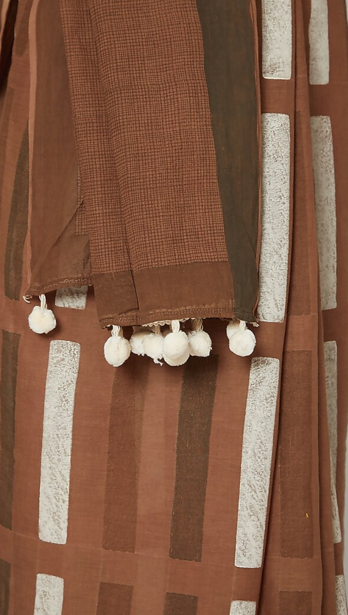 Brown Block Printed Saree With Crop Top