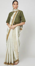 White & Green Geometric Printed Saree Set - BANANA labs