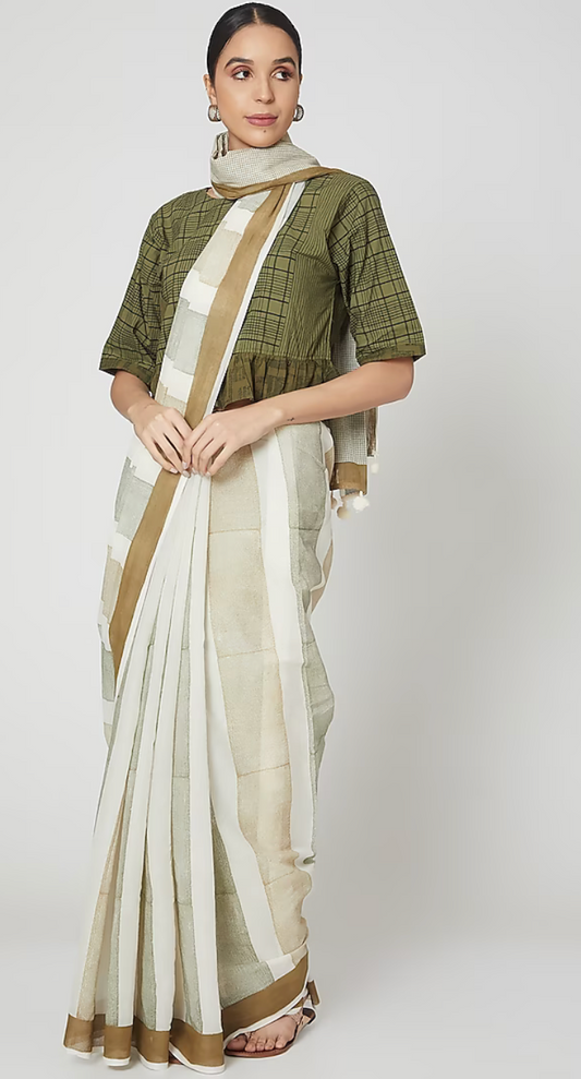 White & Green Geometric Printed Saree Set