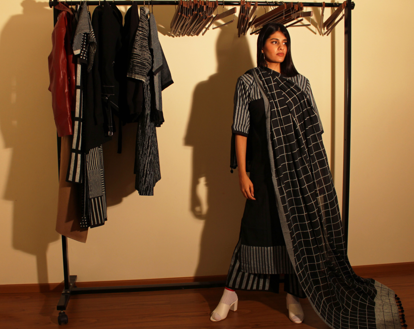 Block Monochrome Black Hand Block Print Cotton Kurta Palazzo Set (Set of 3)