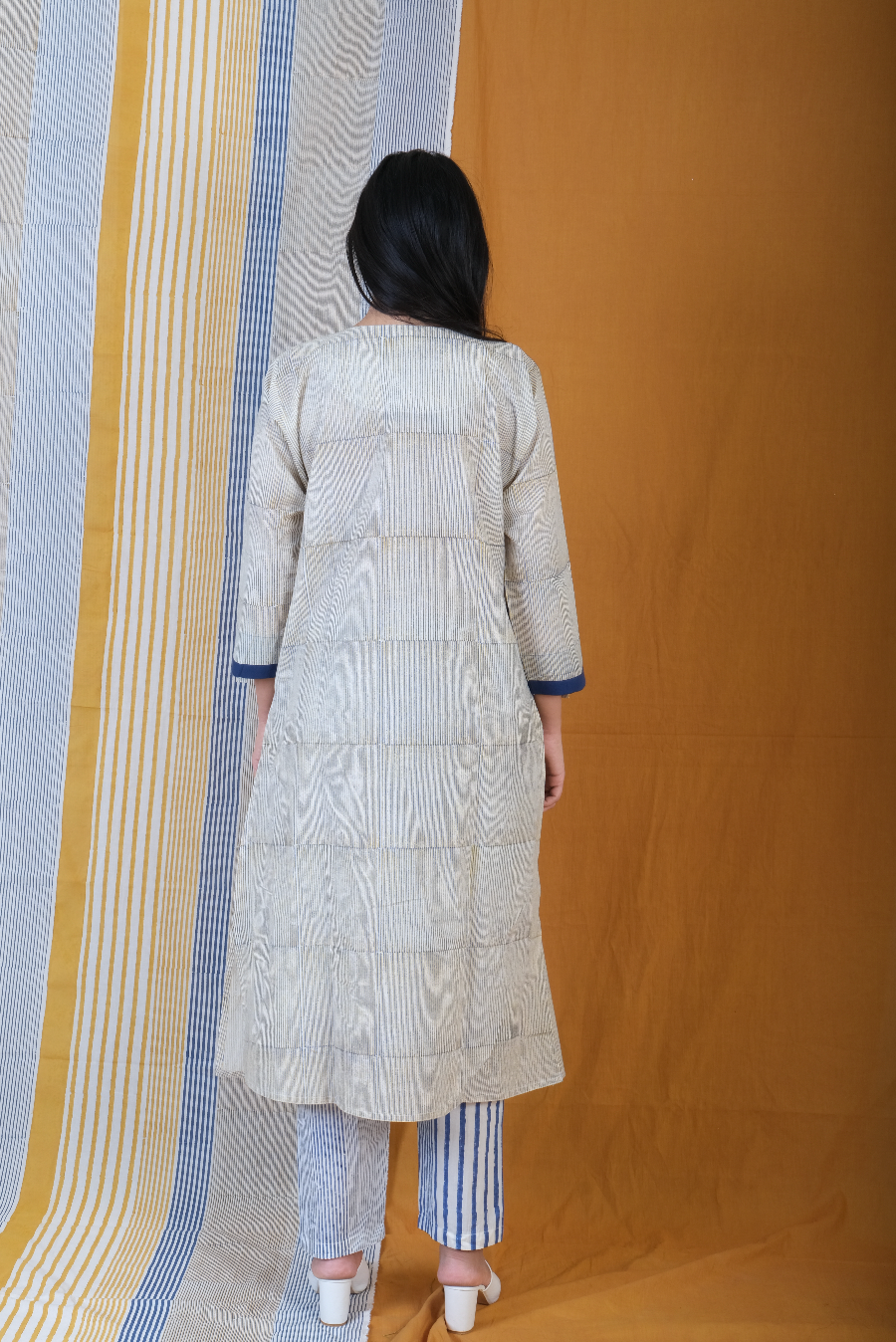 Yellow Blue Medley handblock Printed Stripey Cotton Kurta