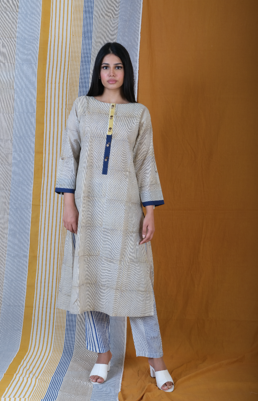 Yellow Blue Medley handblock Printed Stripey Cotton Kurta