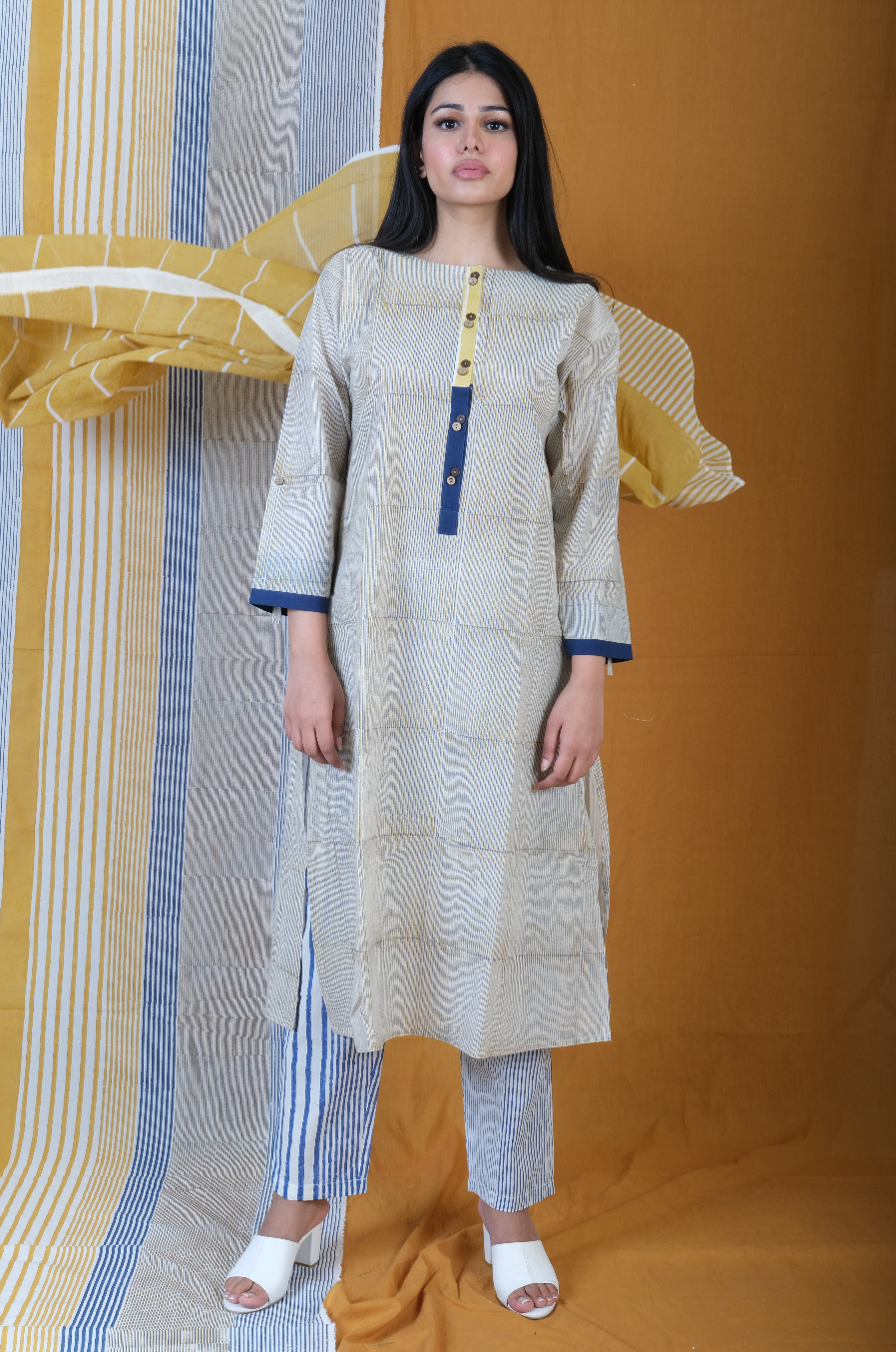 Yellow Blue Medley handblock Printed Stripey Cotton Kurta