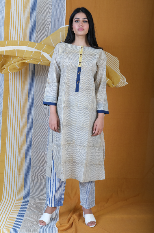 Yellow Blue Medley handblock Printed Stripey Cotton Kurta