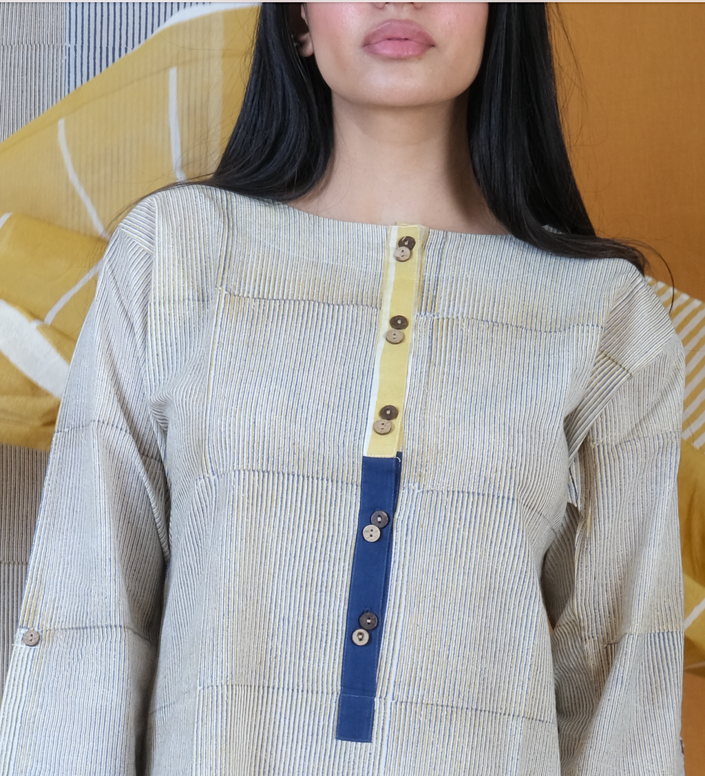 Yellow Blue Medley handblock Printed Stripey Cotton Kurta