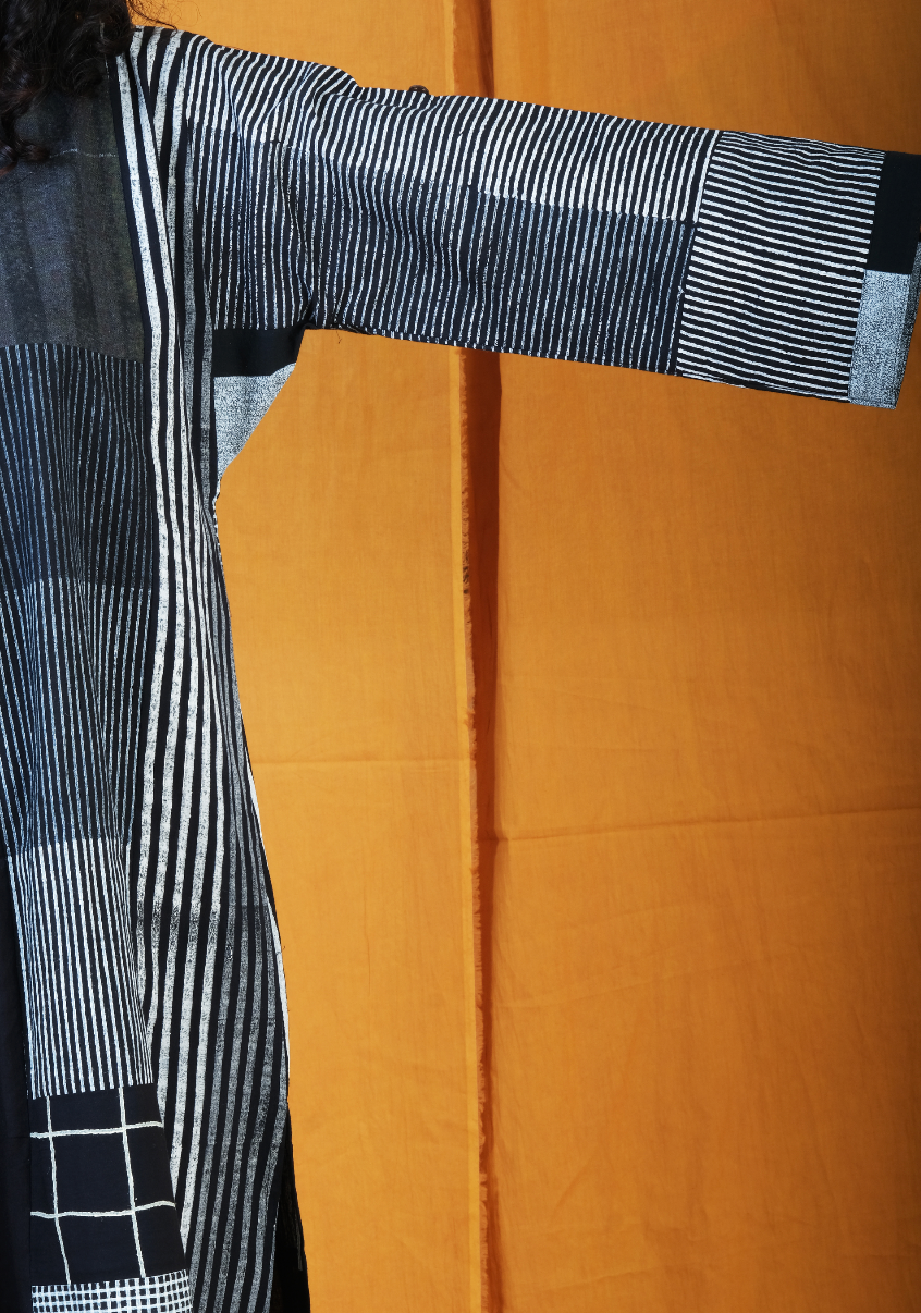 Half Collage Twister Black Hand Block Printed Dress