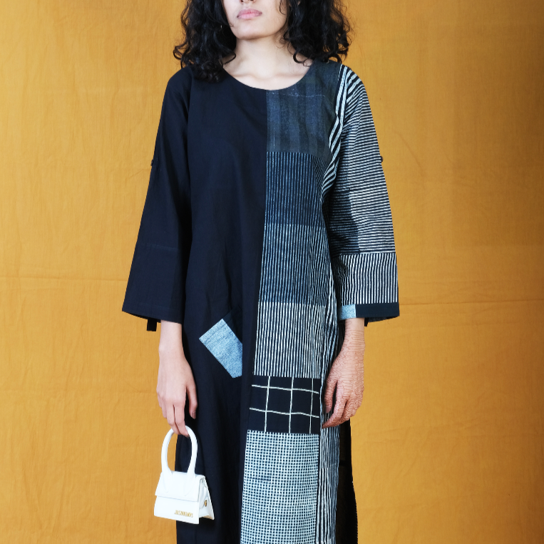 Half Collage Twister Black Hand Block Printed Dress