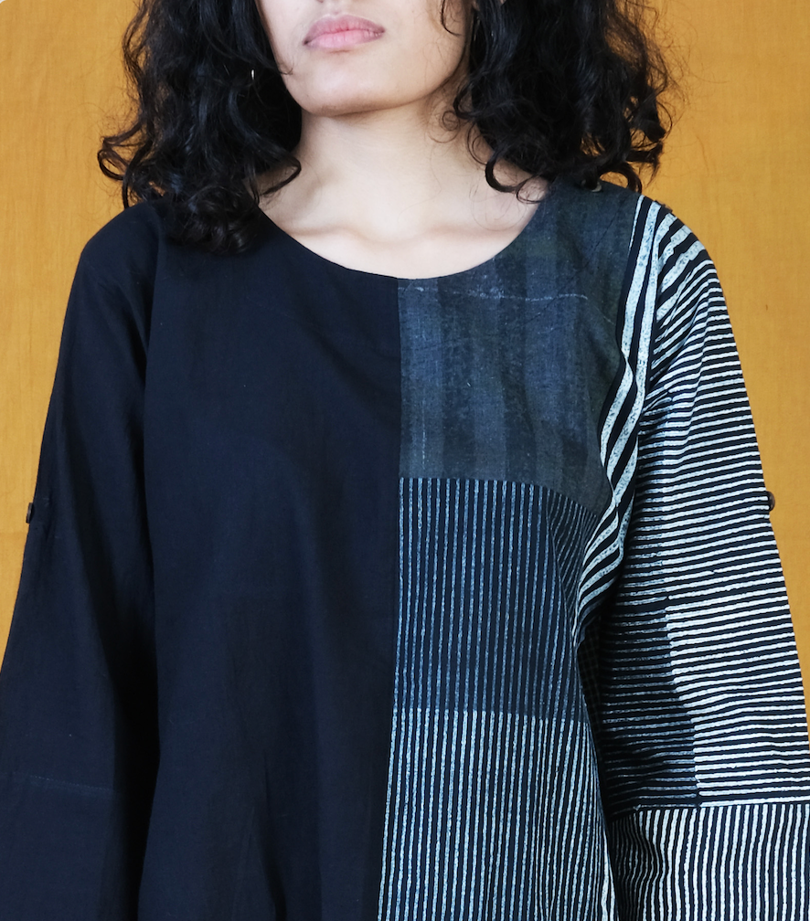 Half Collage Twister Black Hand Block Printed Dress