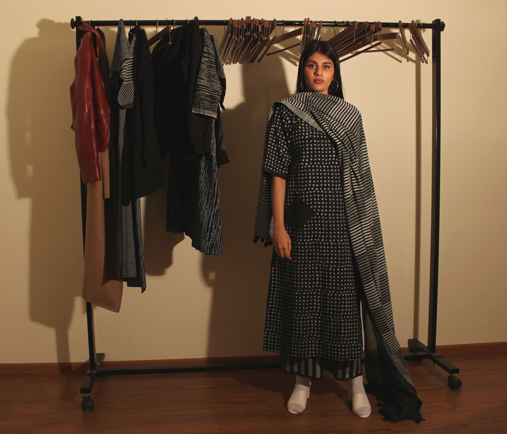 Polka Monochrome Black Hand Block Print Cotton Kurta Set