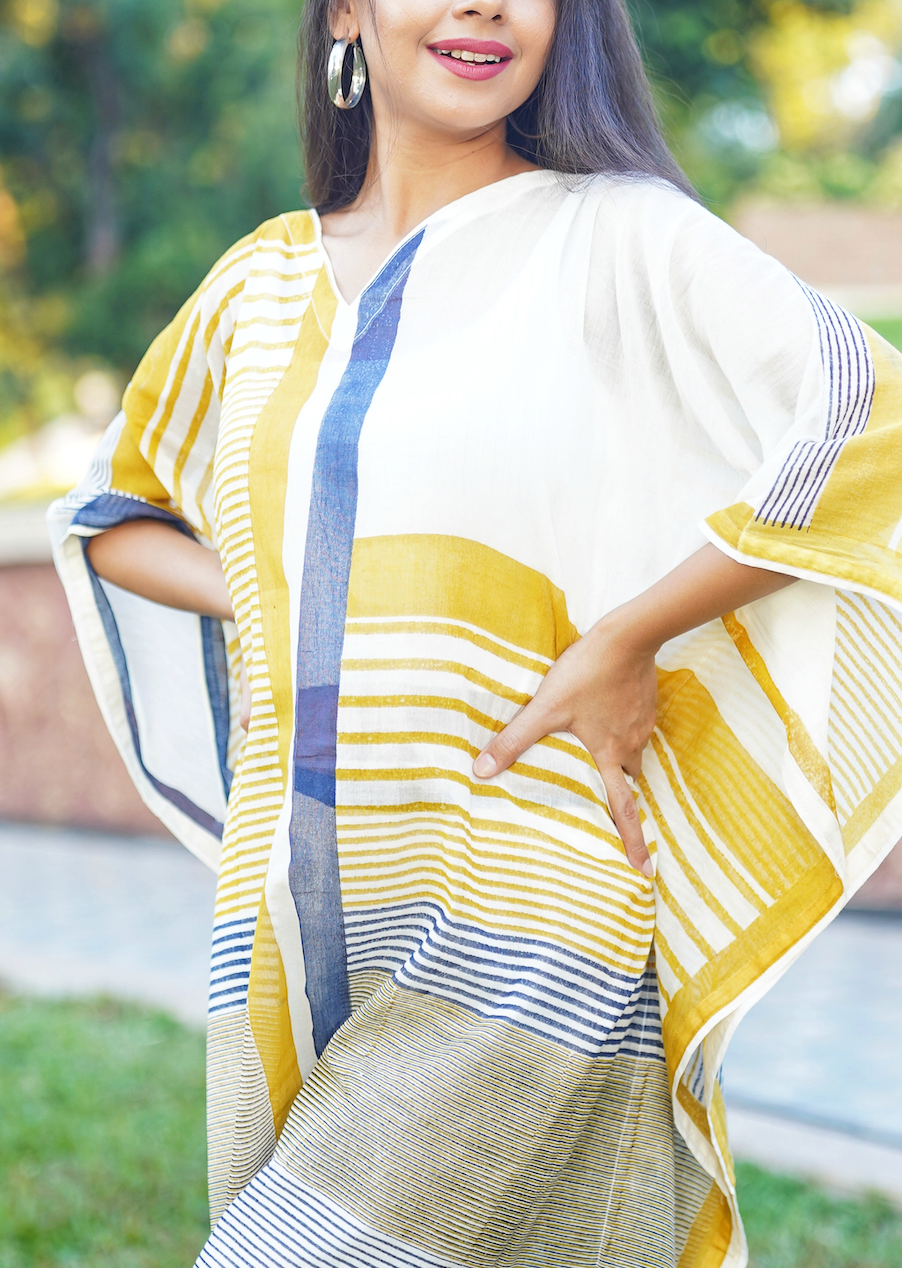 Perpendicular Blue Kaftan with Pants and Stole (Set of 3)