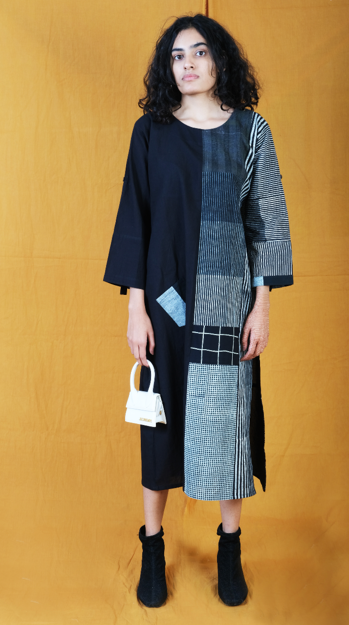 Half Collage Twister Black Hand Block Printed Dress