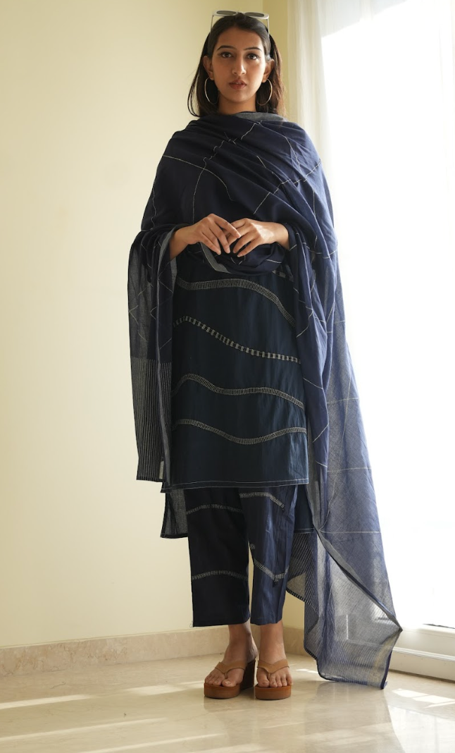 Crossroads Navy Wave Kurta Set (Set of 3)