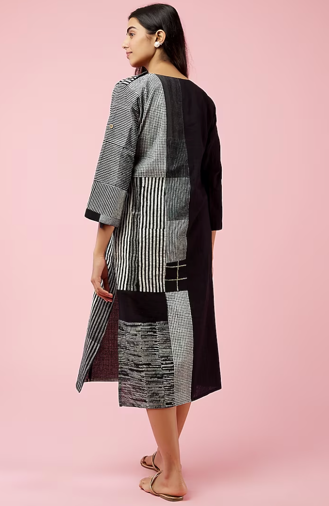 Half Collage Twister Black Hand Block Printed Dress