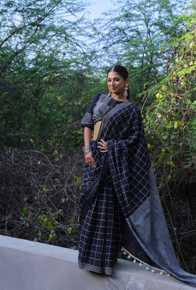 Black Cotton Checked Saree