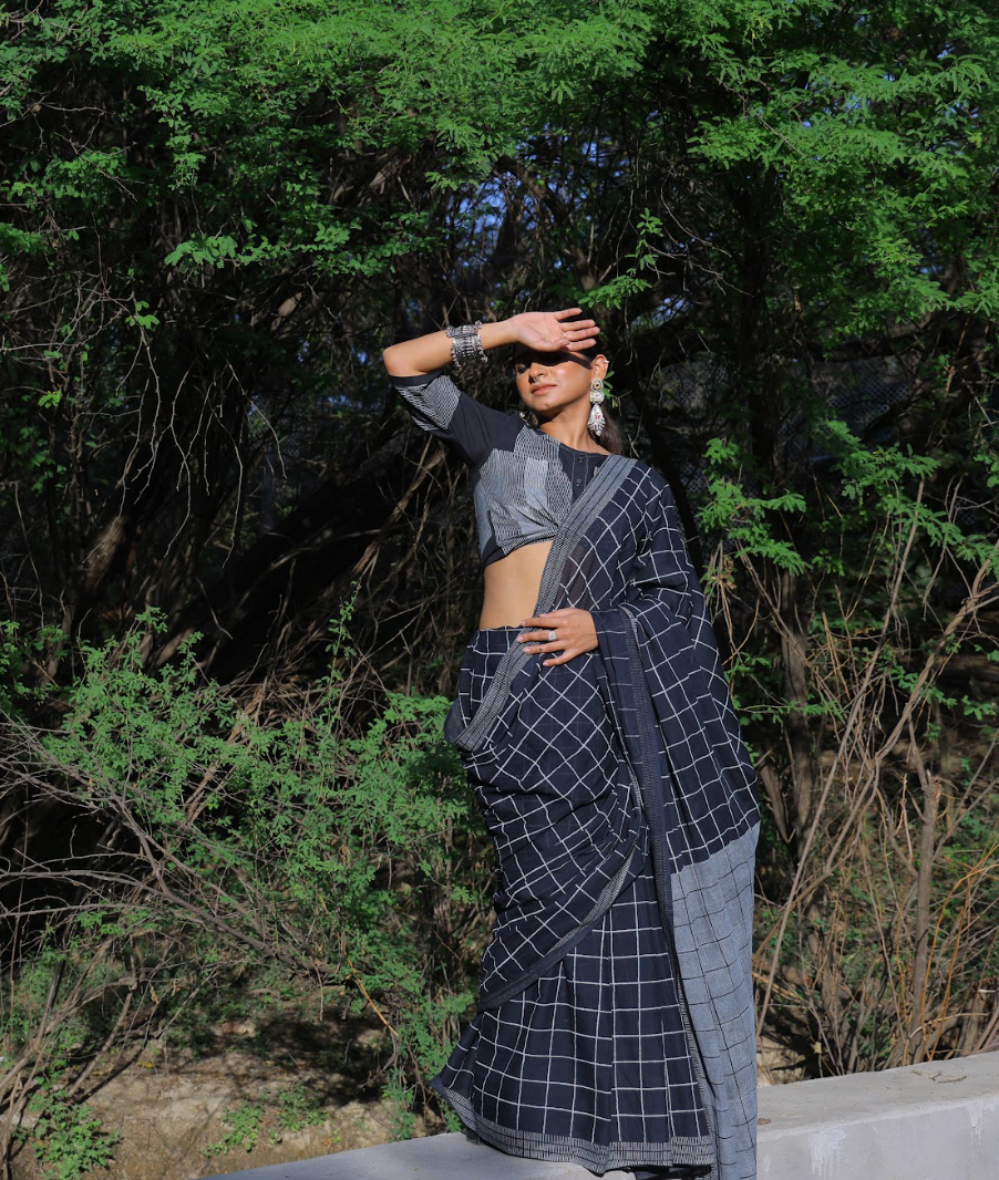Black Cotton Checked Saree