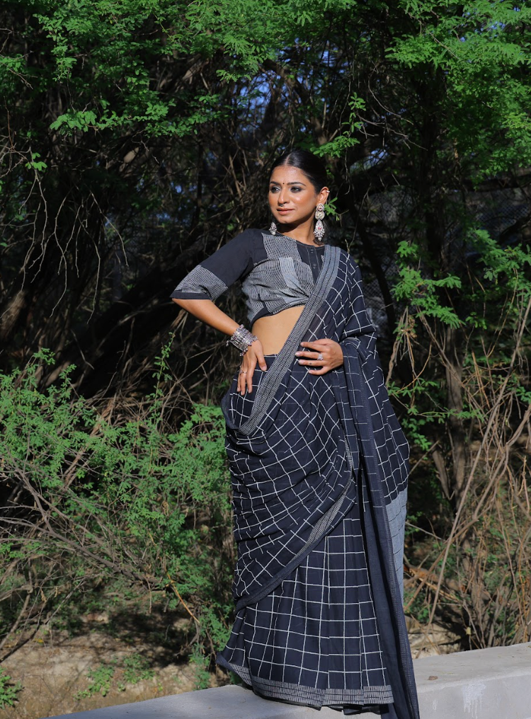 Black Cotton Checked Saree