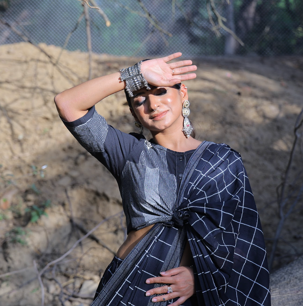 Black Cotton Checked Saree