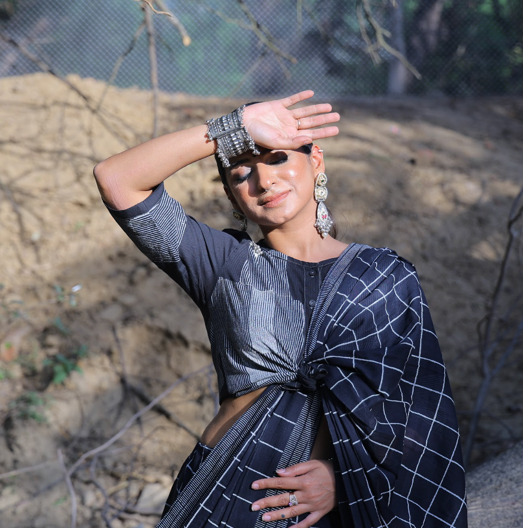 Black Cotton Checked Saree