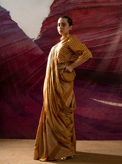 Aurum Gold Block Arizona Mustard Saree - BANANA labs