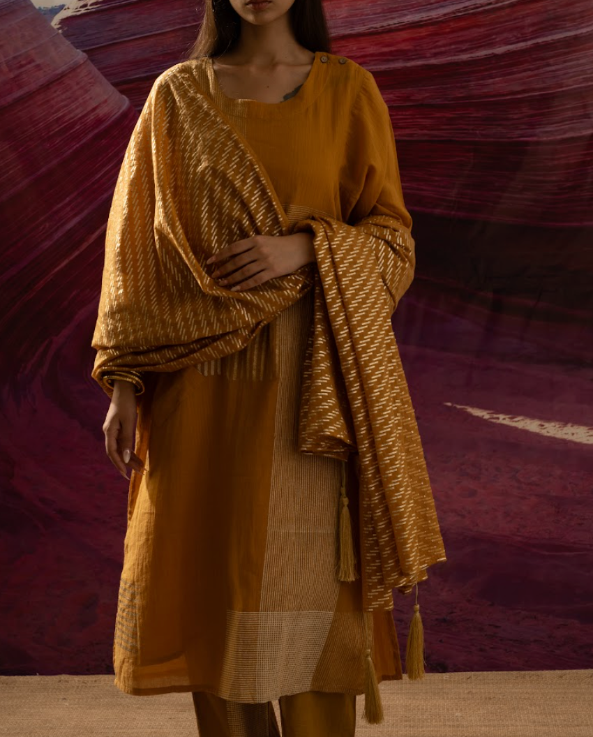 Aurum Chock Block Mustard Kurta and Pants with Dupatta(Set of 3)