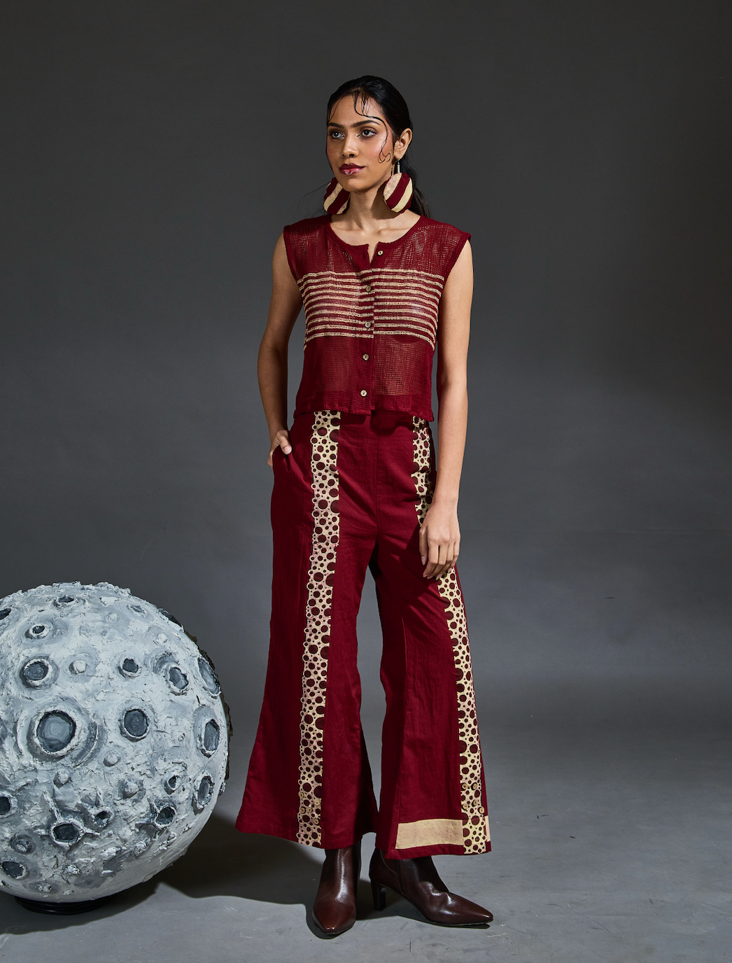 Crater Maroon Mesh Crop Top Co ord