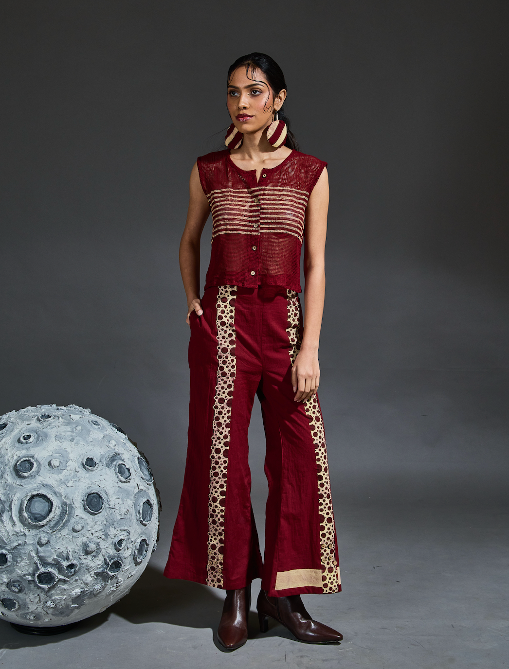 Crater Maroon Mesh Crop Top Coordinate (Set of 2)