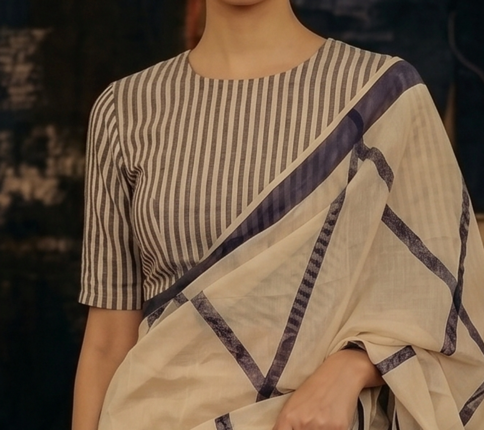Crossroads Beige Saree with Half Sleeves Blouse